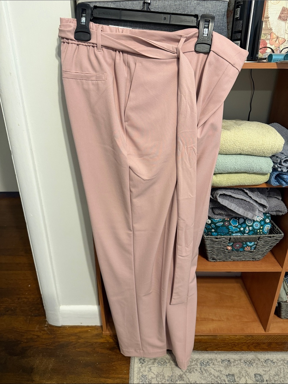 High-Rise Tie-Waist Wide-Leg Pants - Dusty Pink size lg pull on ankle length